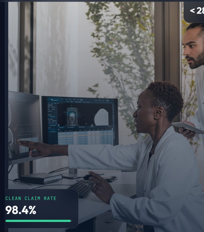 Healthcare professionals reviewing information on a laptop